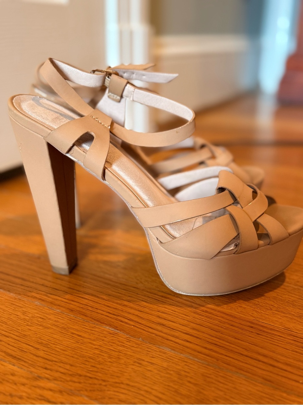 Platform Strappy Genuine Leather Heels in Nude